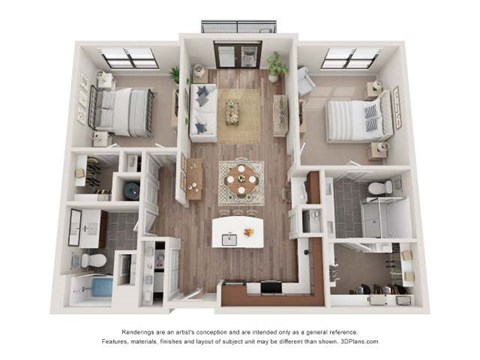 Floor plan for 2 beds, 2 baths, 1123 sqft